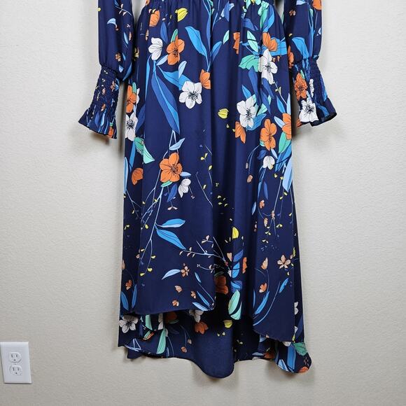 Nanette Lepore Floral High Lo Smocked Maxi Dress Ruffle Long Sleeve Navy Size 6 - Picture 11 of 16